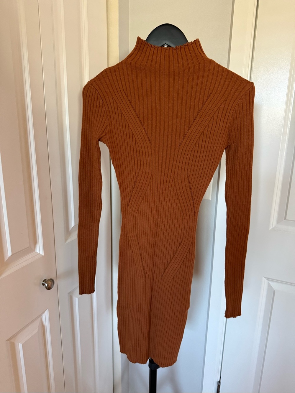 Lulu's Ribbed Mock Neck Long Sleeve Bodycon Dress - Rust